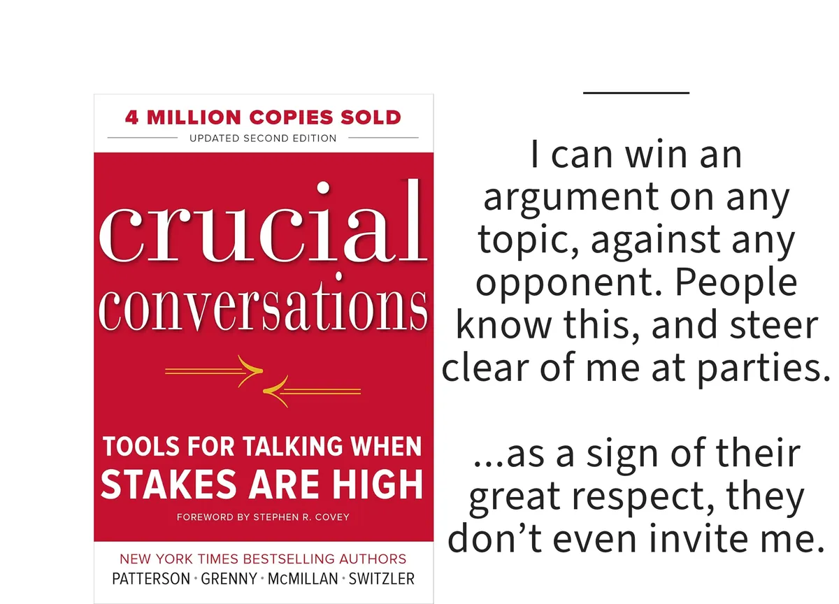 Card: the cover of Crucial Conversations by Patterson, Grenny, McMillan, and Switzler, with a line set beside it.