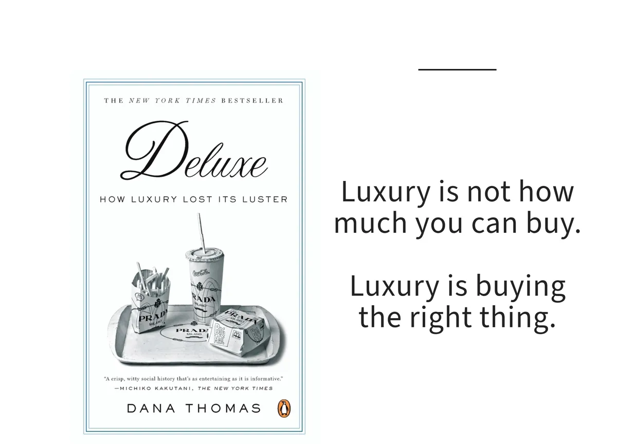 Card: the cover of Deluxe by Dana Thomas, with a line set beside it.