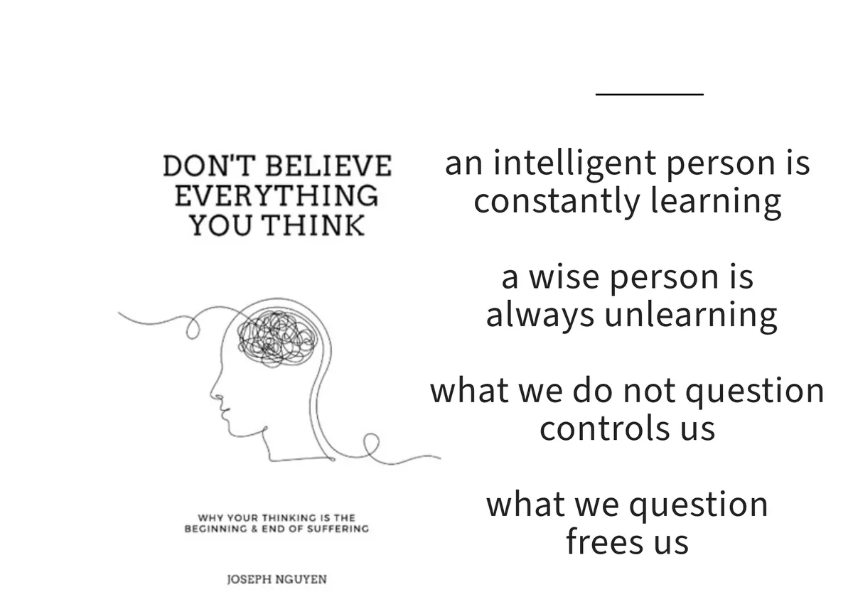Card: the cover of Don't Believe Everything You Think by Joseph Nguyen, with a line set beside it.