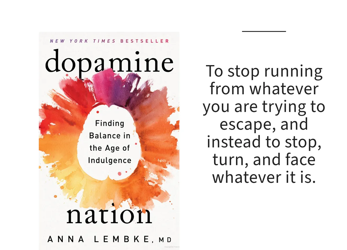 Card: the cover of Dopamine Nation by Anna Lembke, MD, with a line set beside it.