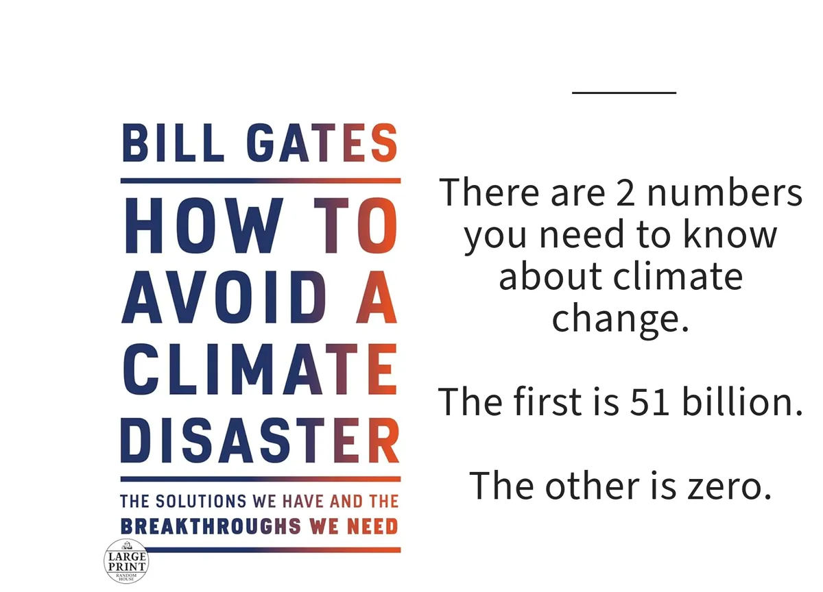 Card: the cover of How to Avoid a Climate Disaster by Bill Gates, with a line set beside it.