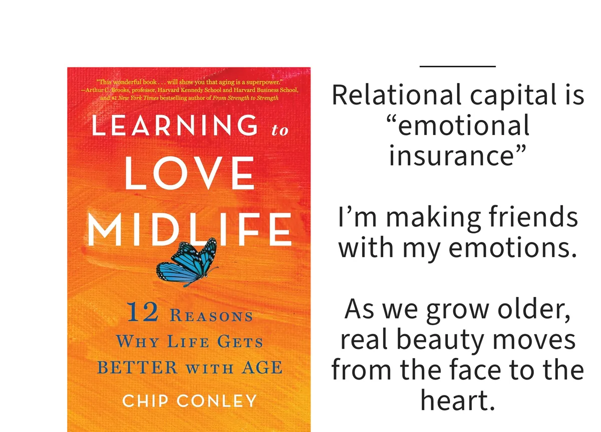 Card: the cover of Learning to Love Midlife by Chip Conley, with a line set beside it.