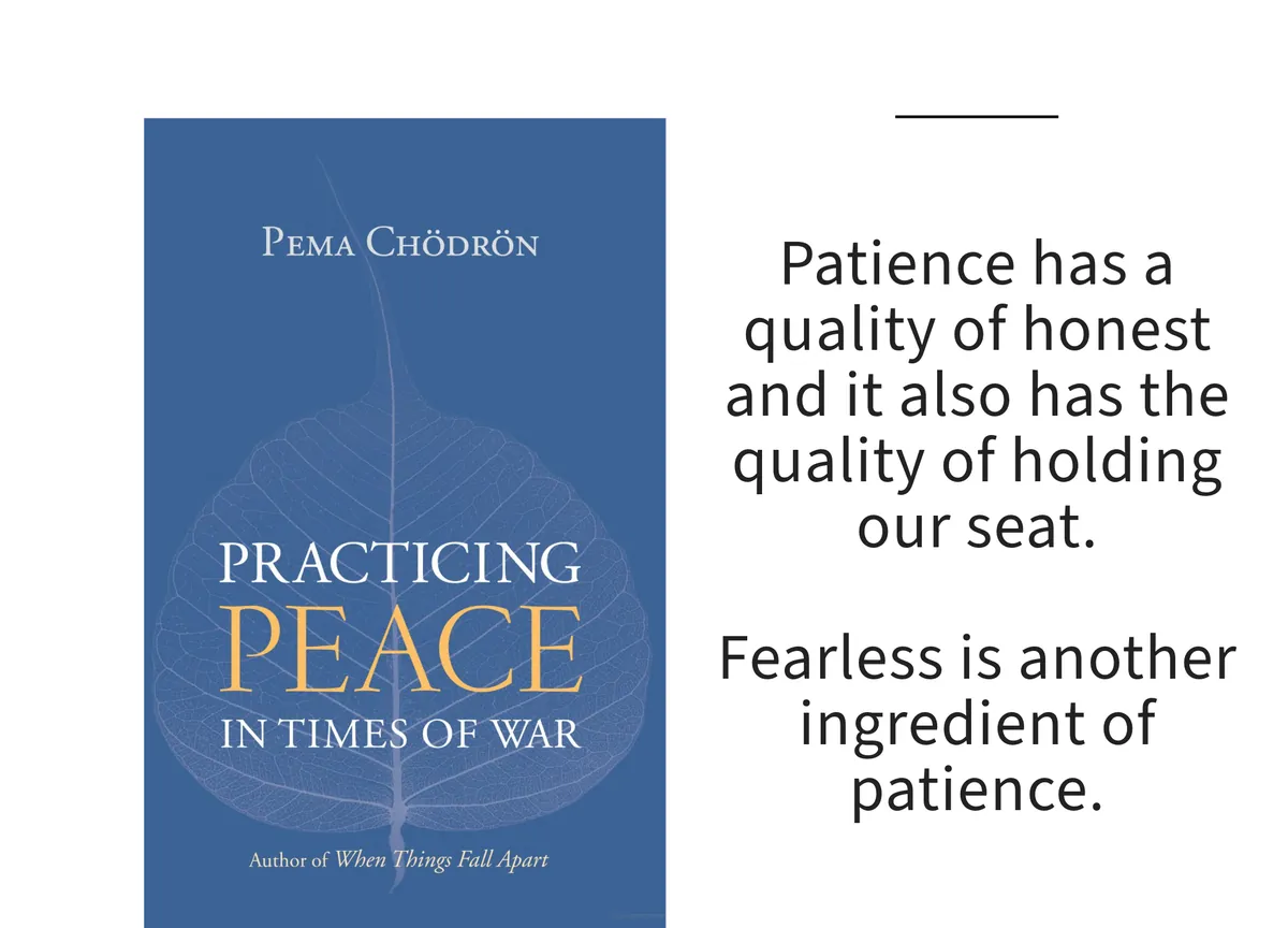 Card: the cover of Practicing Peace in Times of War by Pema Chödrön, with a line set beside it.