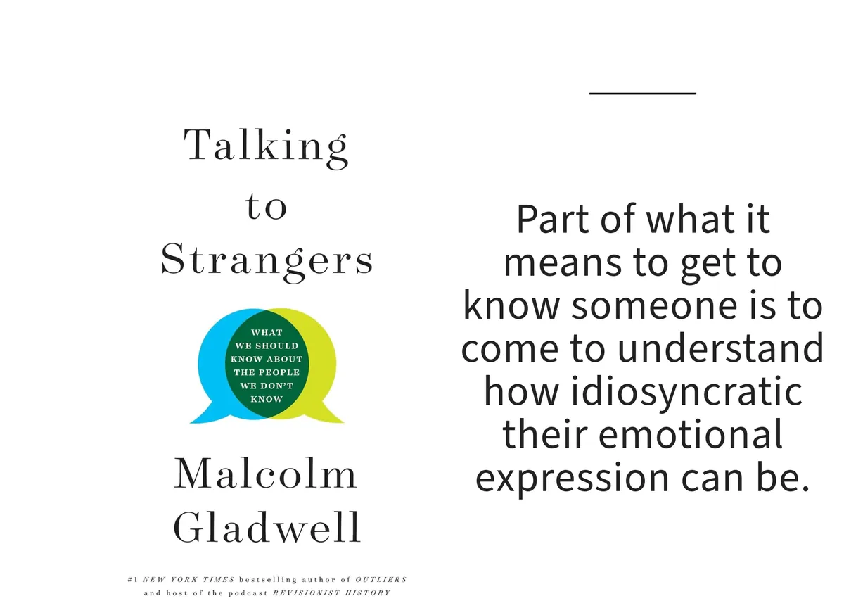 Card: the cover of Talking to Strangers by Malcolm Gladwell, with a line set beside it.