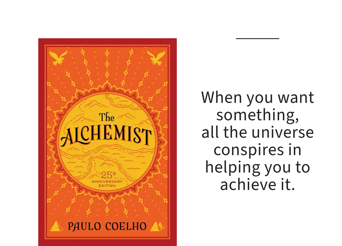 Card: the cover of The Alchemist by Paulo Coelho, with a line set beside it.