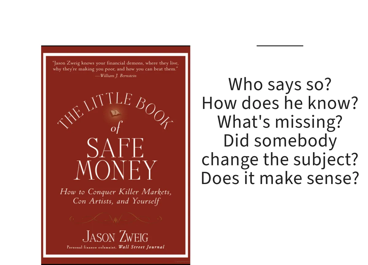 Card: the cover of The Little Book of Safe Money by Jason Zweig, with a line set beside it.