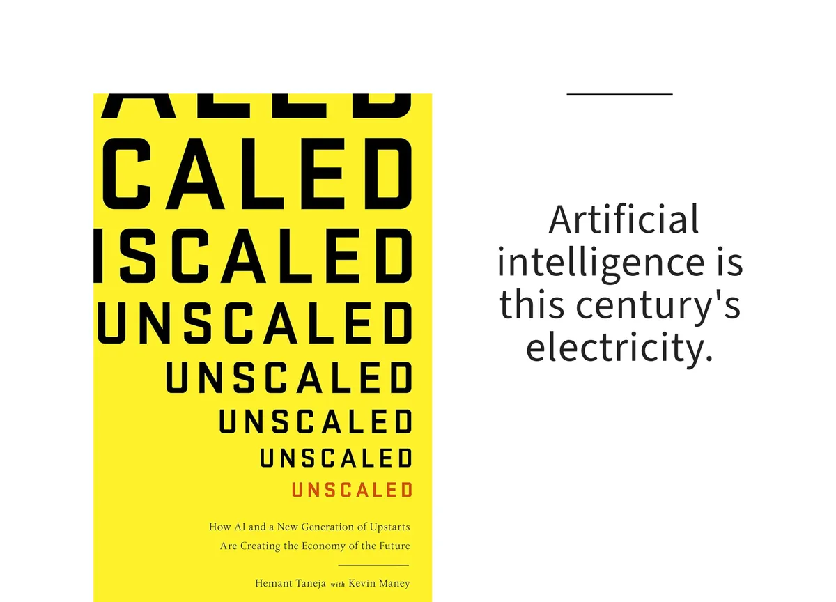 Card: the cover of Unscaled by Hemant Taneja with Kevin Maney, with a line set beside it.