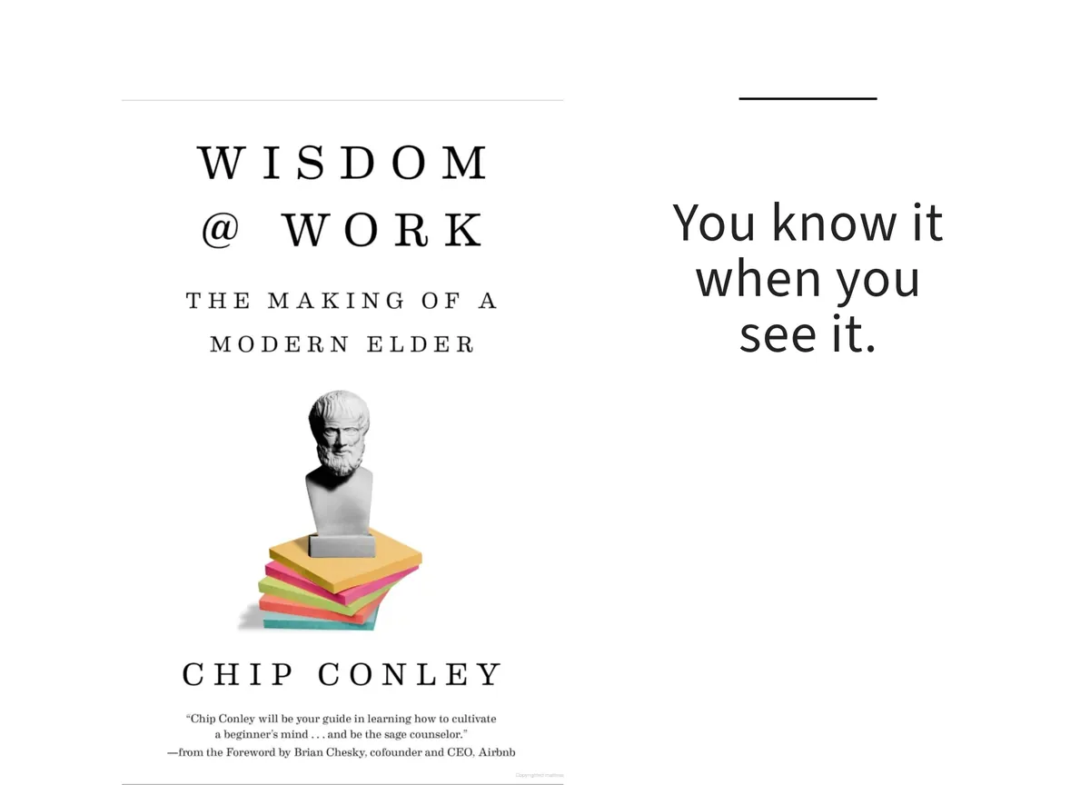Card: the cover of Wisdom @ Work by Chip Conley, with a line set beside it.